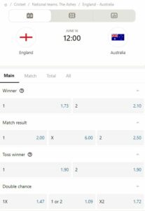 The ashes odds Parimatch