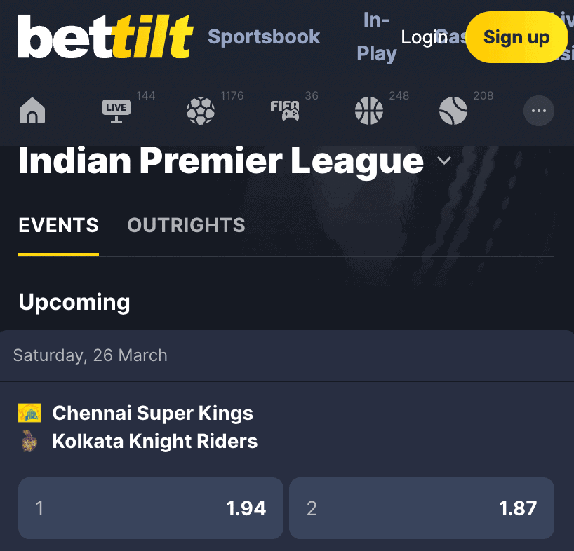 Interface de apostas Bettilt mostrando cricket e casino