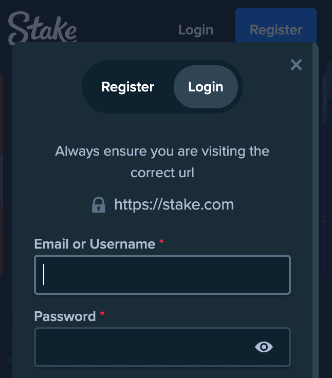 Stake login scherm voorbeeld